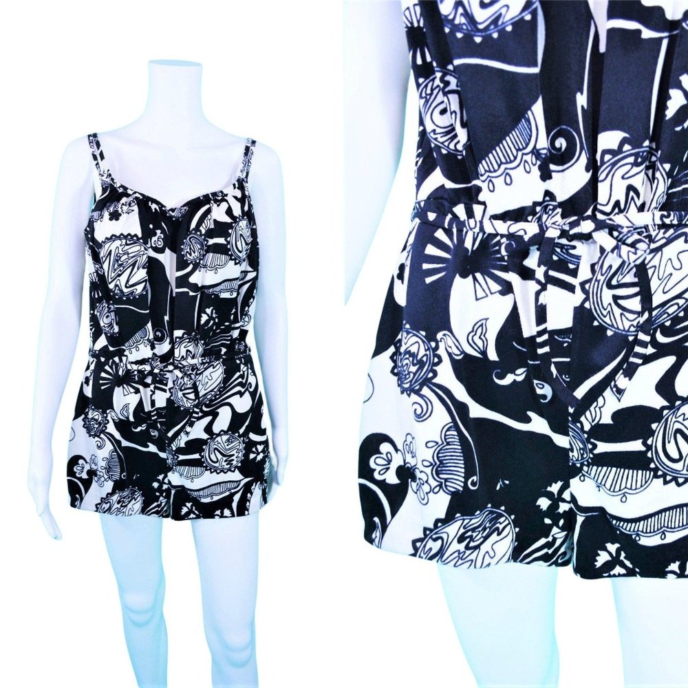 Vintage 1970s Swimsuit Black White Abstract Print One Piece Bathing Suit W 32"